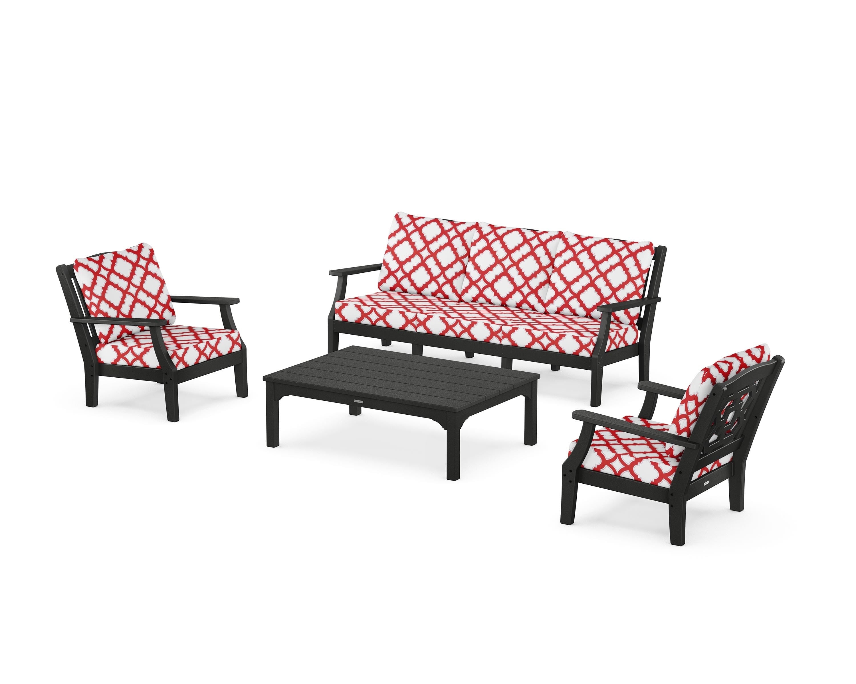 Martha Stewart by POLYWOOD® Chinoiserie 4-Piece Deep Seating Set with Sofa in Black / Trellis Crimson