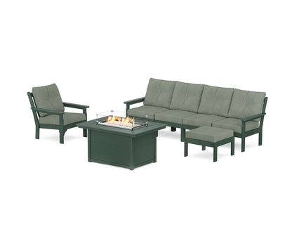 POLYWOOD® Vineyard Sectional Lounge and Fire Pit Set in Green / Cast Sage