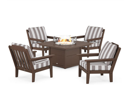 Country Living Cottage 5-Piece Deep Seating Set with Fire Pit Table in Mahogany / Cabana Stripe Grey Mist