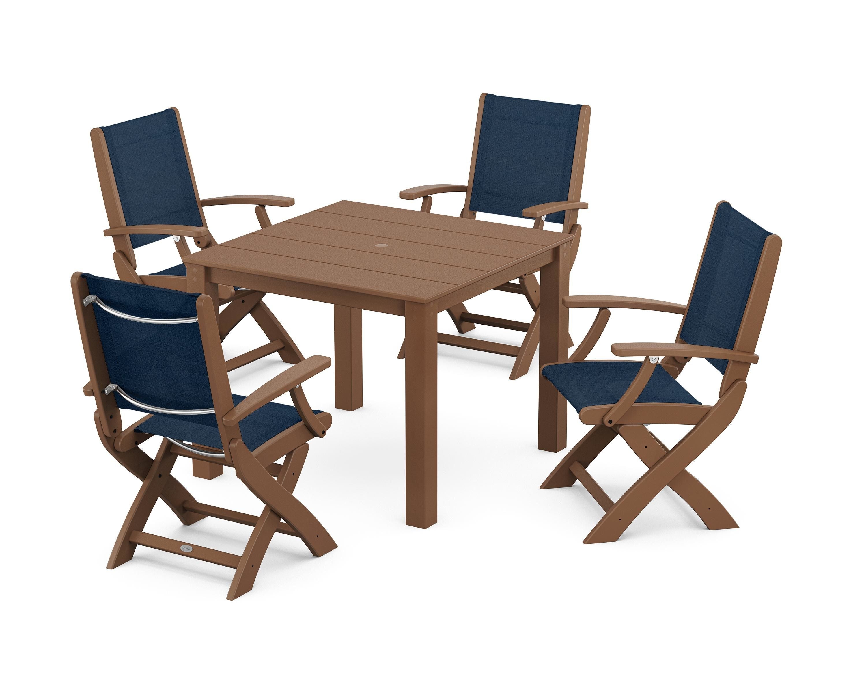 POLYWOOD® Coastal Folding Chair 5-Piece Parsons Dining Set in Teak / Navy Blue Sling