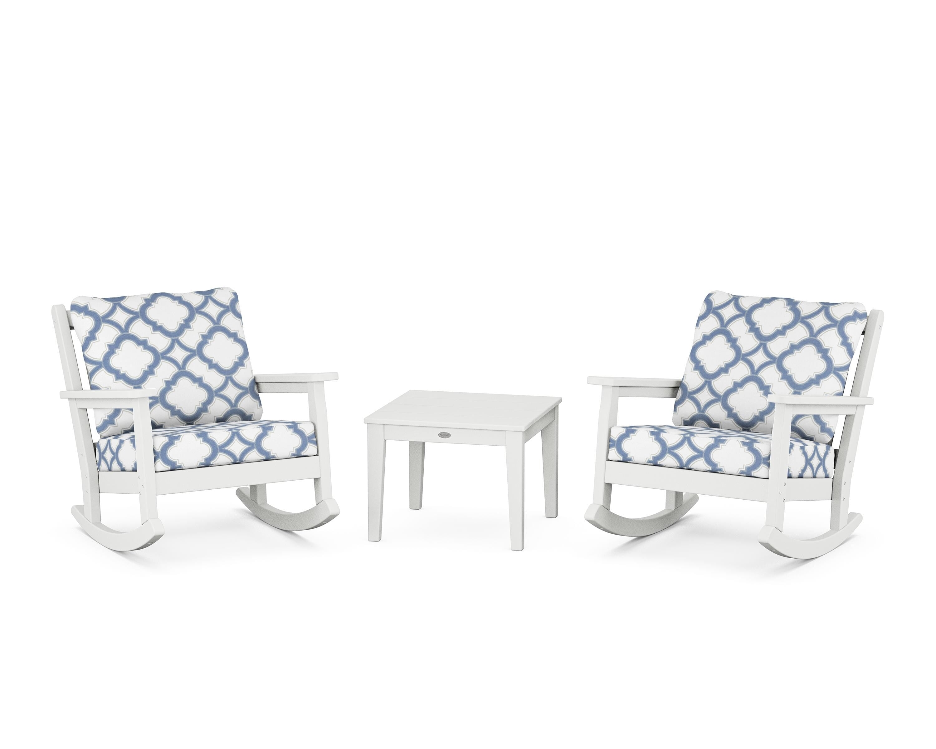 POLYWOOD® Chippendale 3-Piece Deep Seating Rocker Set in White / Trellis Sky Blue
