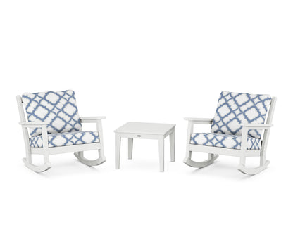 POLYWOOD® Chippendale 3-Piece Deep Seating Rocker Set in White / Trellis Sky Blue
