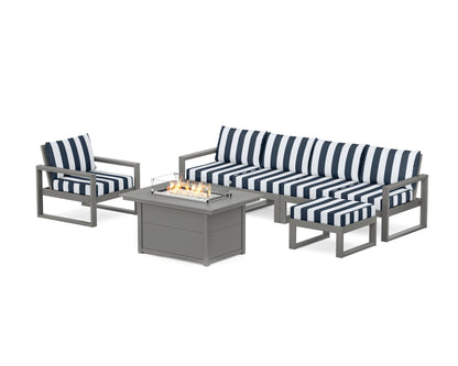 POLYWOOD® EDGE Sectional Lounge and Fire Pit Set in Slate Grey / Cabana Stripe Marine Indigo