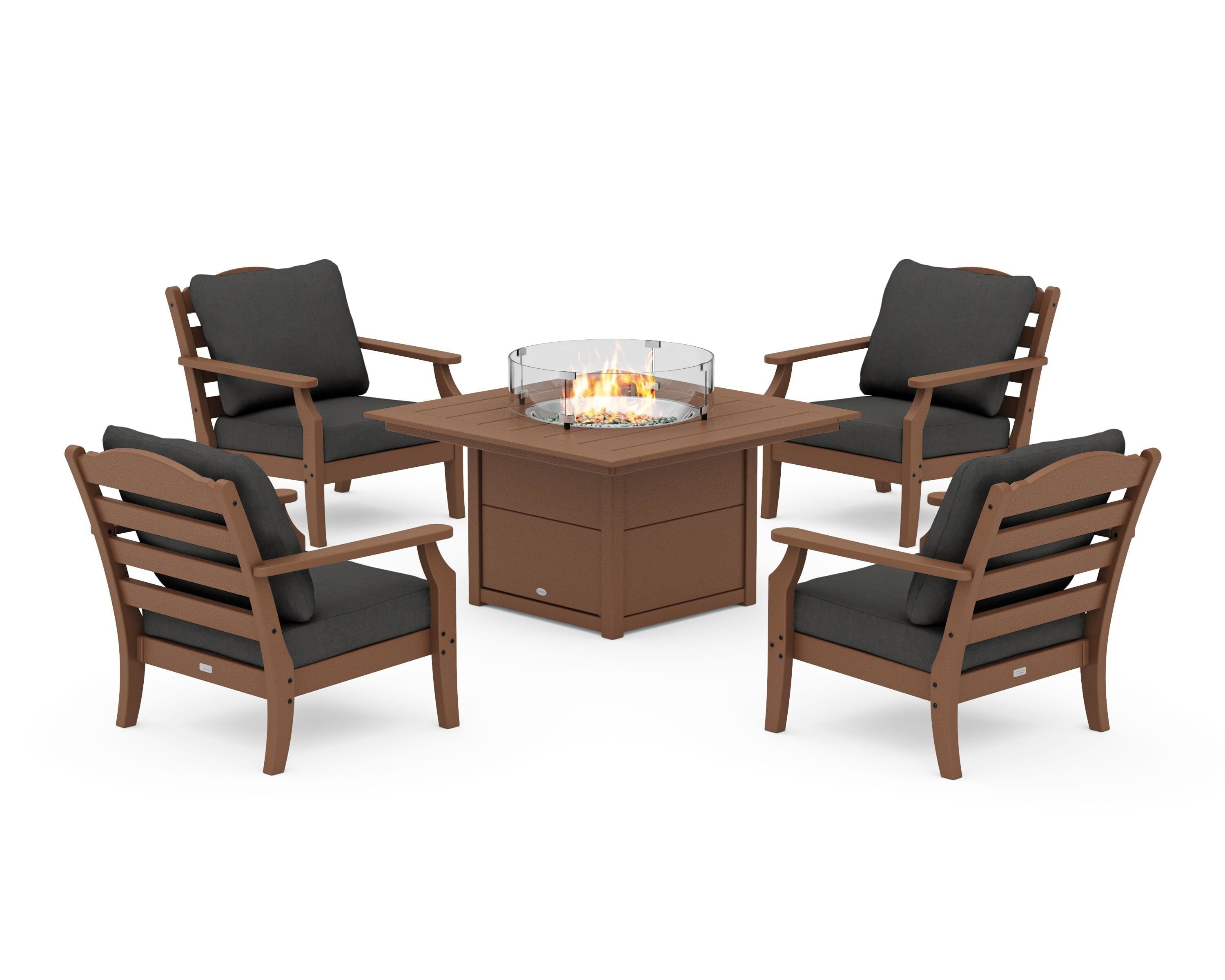 Draper James™ by  POLYWOOD® Savannah 5-Piece Deep Seating Set with Fire Pit Table in Teak / Spectrum Carbon