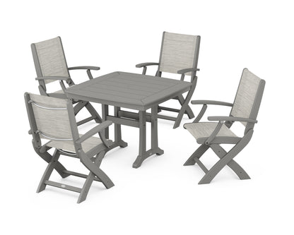 POLYWOOD® Coastal Folding Chair 5-Piece Dining Set with Trestle Legs in Slate Grey / Birch Sling