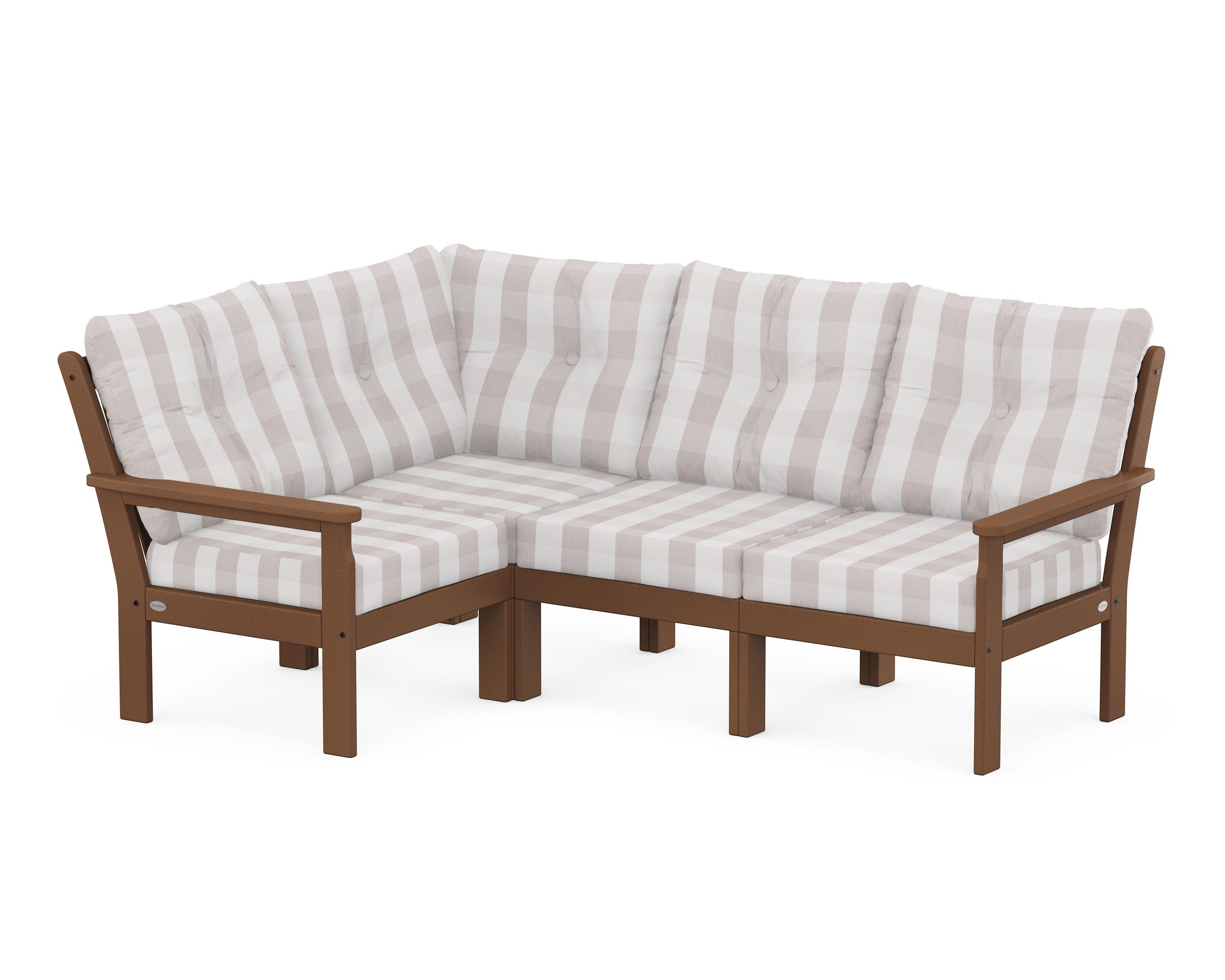 POLYWOOD® Vineyard 4-Piece Sectional in Teak / Buffalo Plaid Dune Burlap