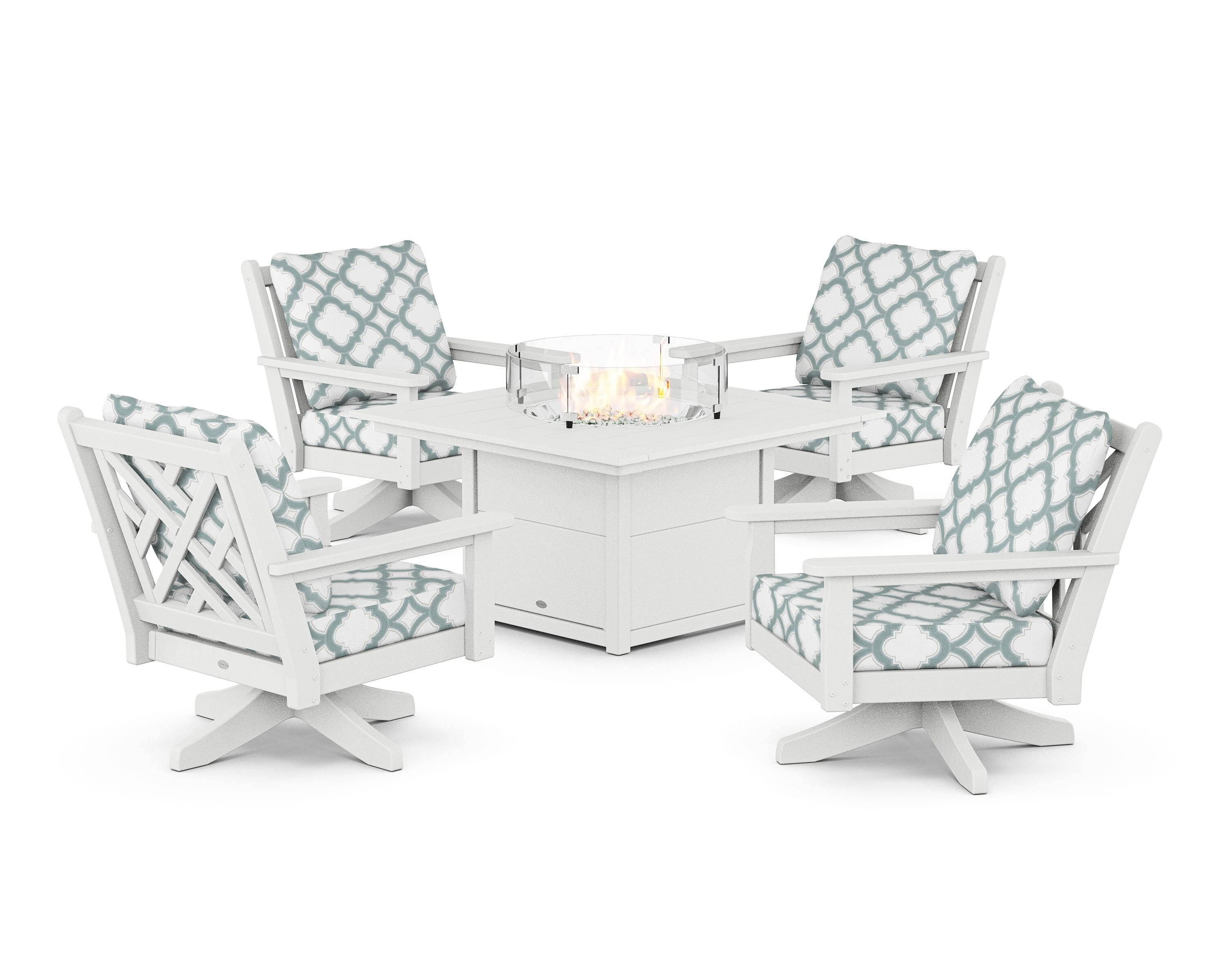 POLYWOOD® Chippendale 5-Piece Deep Seating Swivel Conversation Set with Fire Pit Table in White / Trellis Glacier Spa