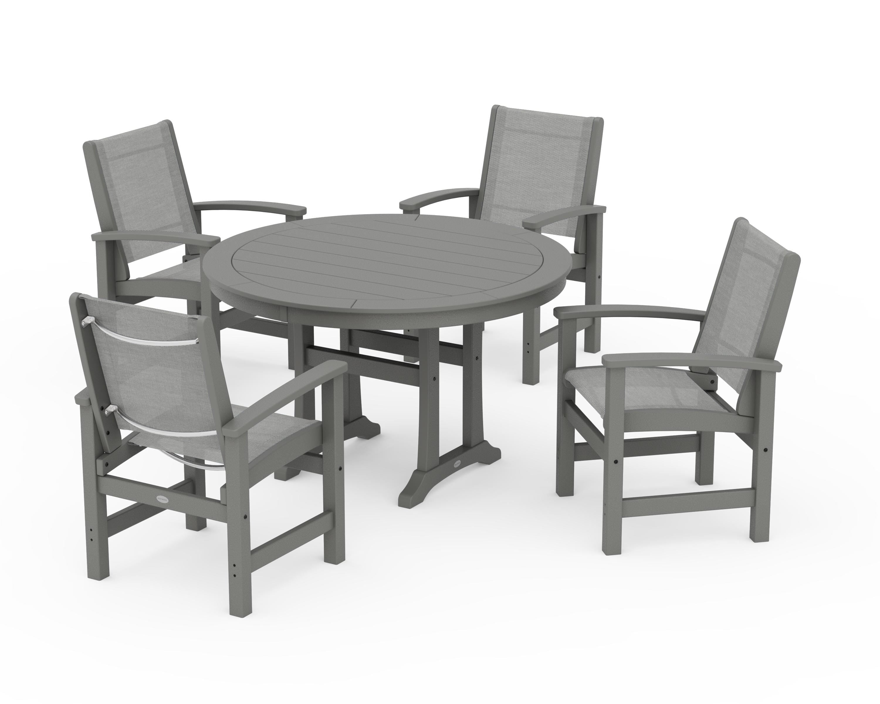 POLYWOOD® Coastal 5-Piece Round Dining Set with Trestle Legs in Slate Grey / Metallic Sling