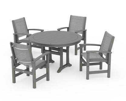 POLYWOOD® Coastal 5-Piece Round Dining Set with Trestle Legs in Slate Grey / Metallic Sling