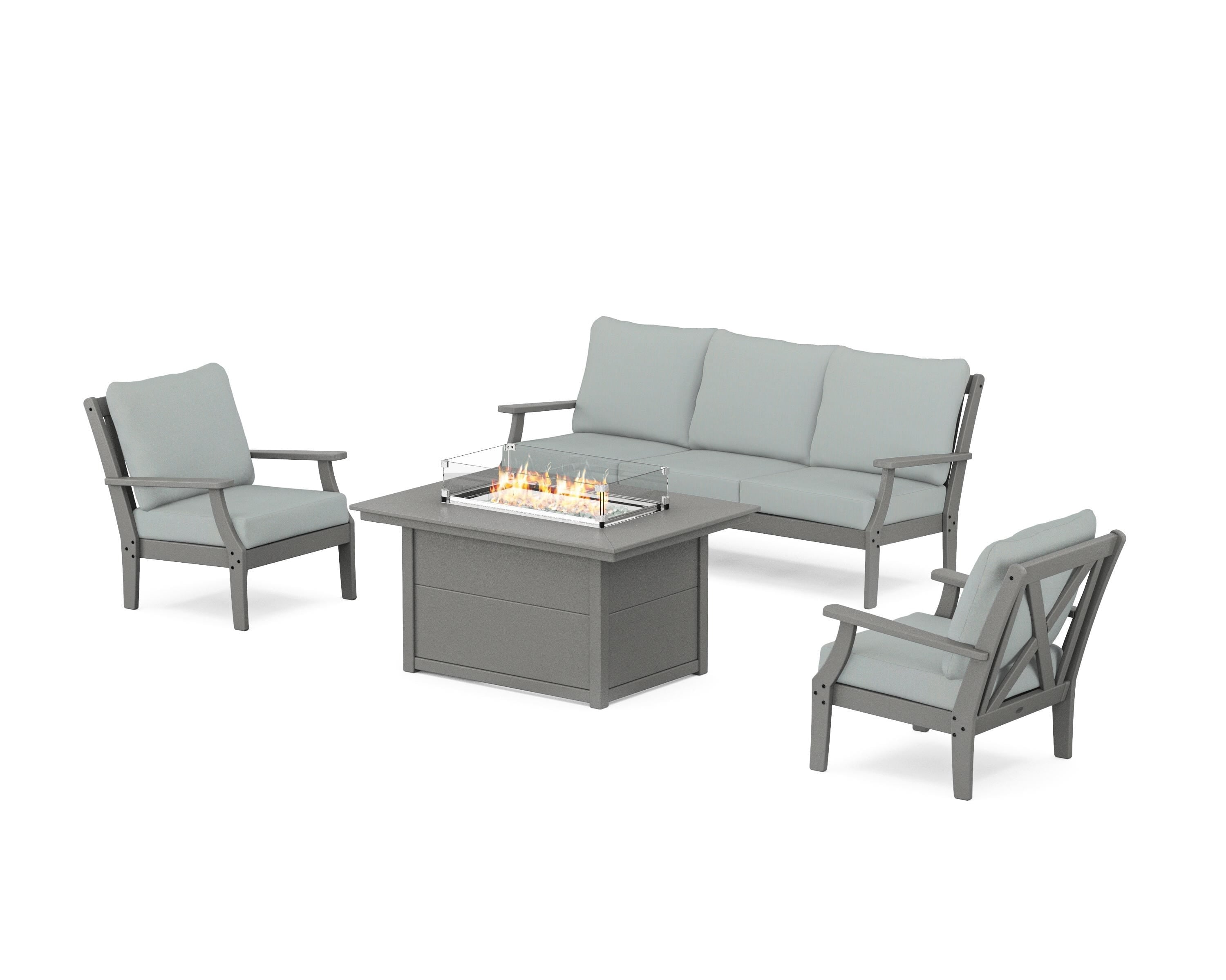 POLYWOOD® Braxton Deep Seating Fire Pit Table Set in Slate Grey / Spa