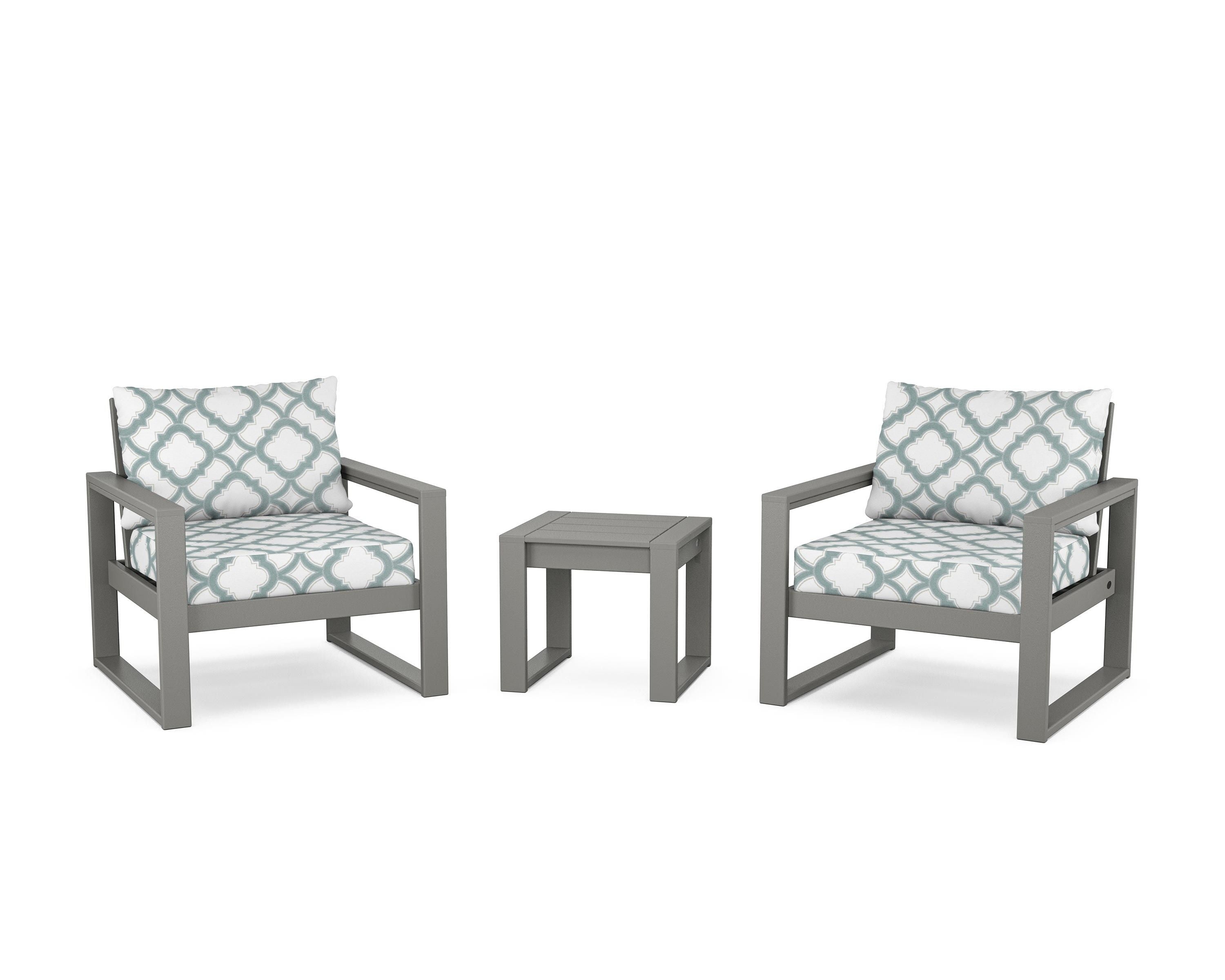 POLYWOOD® EDGE Sectional 3-Piece Deep Seating Set in Slate Grey / Trellis Glacier Spa