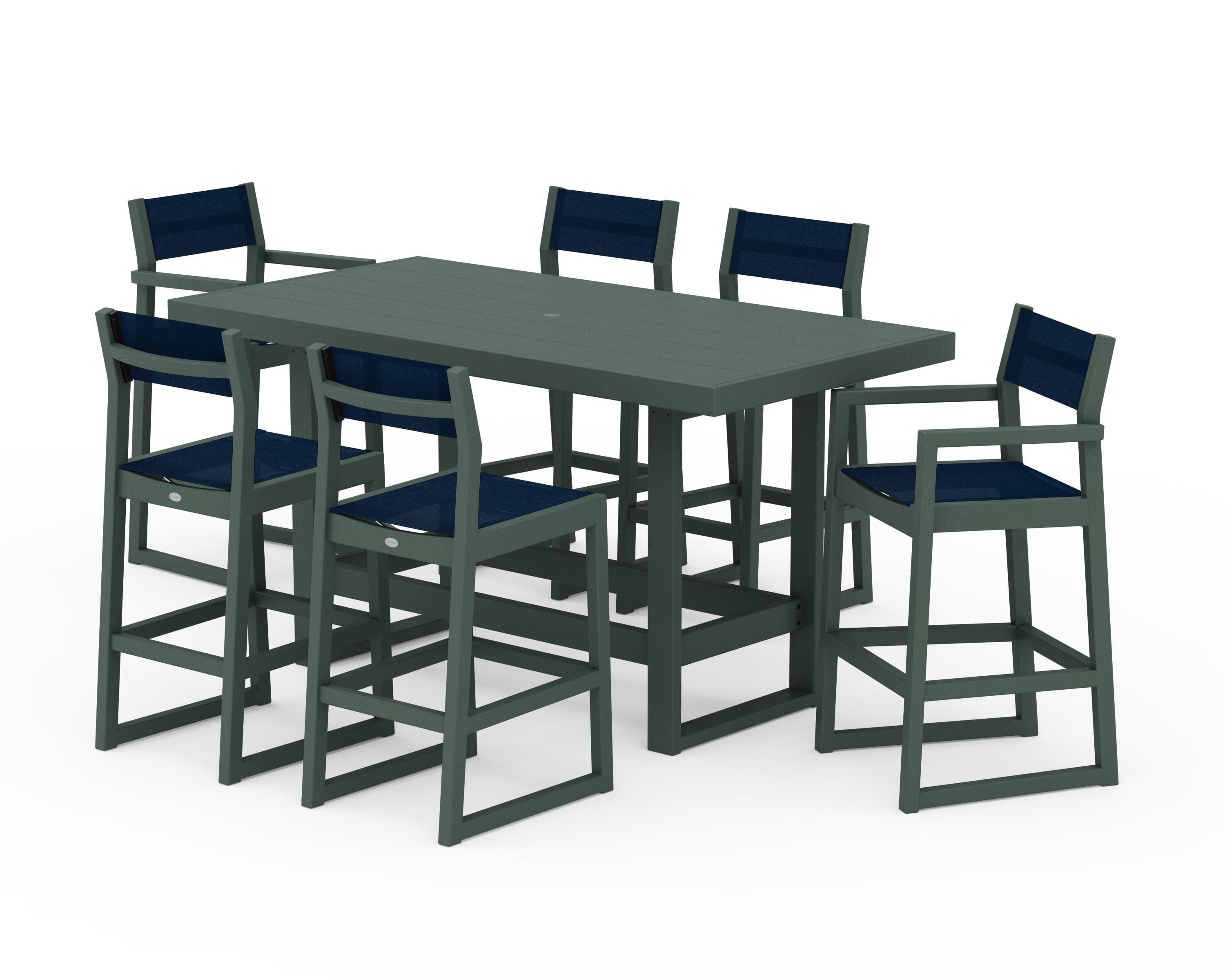 POLYWOOD® EDGE Sling 7-Piece Bar Table Set in Green / Navy Blue Sling