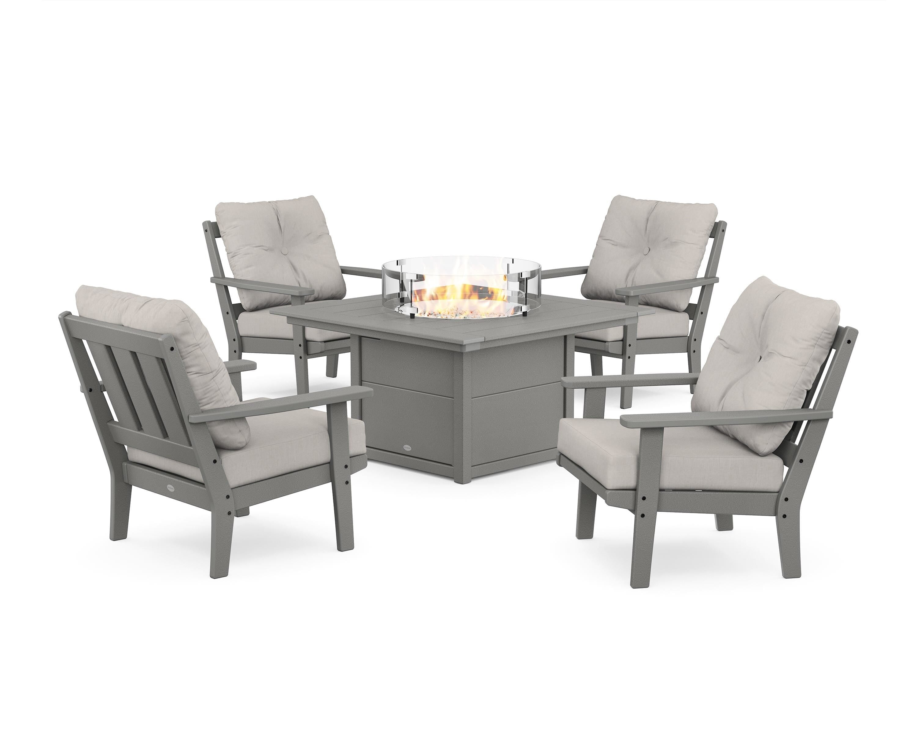 POLYWOOD® Oxford 5-Piece Deep Seating Set with Fire Pit Table in Slate Grey / Cast Ash