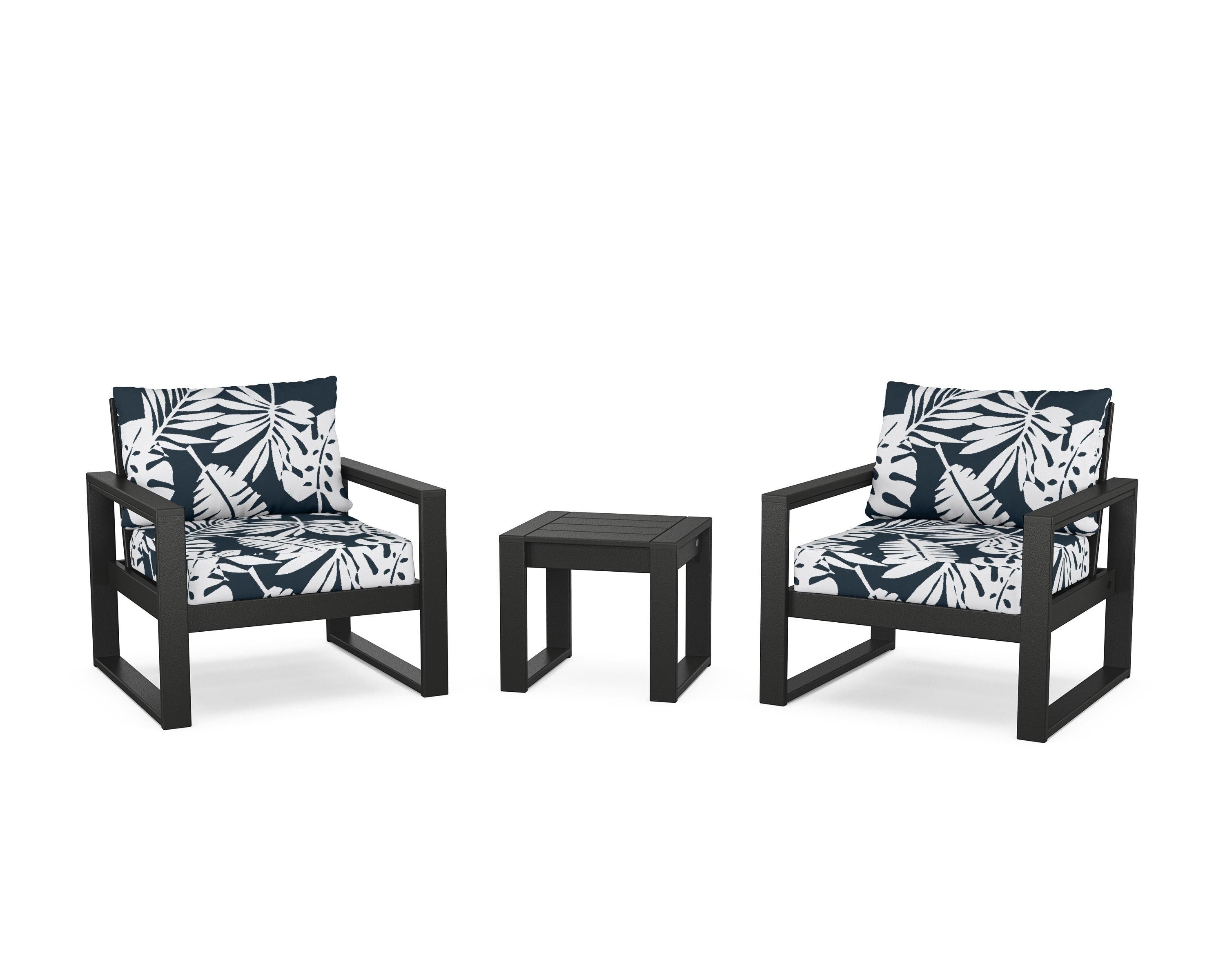 POLYWOOD® EDGE Sectional 3-Piece Deep Seating Set in Black / Leaf Marine Indigo