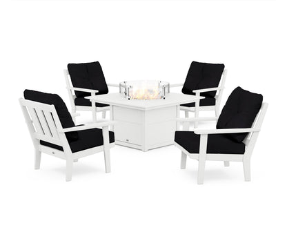 POLYWOOD® Oxford 5-Piece Deep Seating Set with Fire Pit Table in White / Midnight Linen