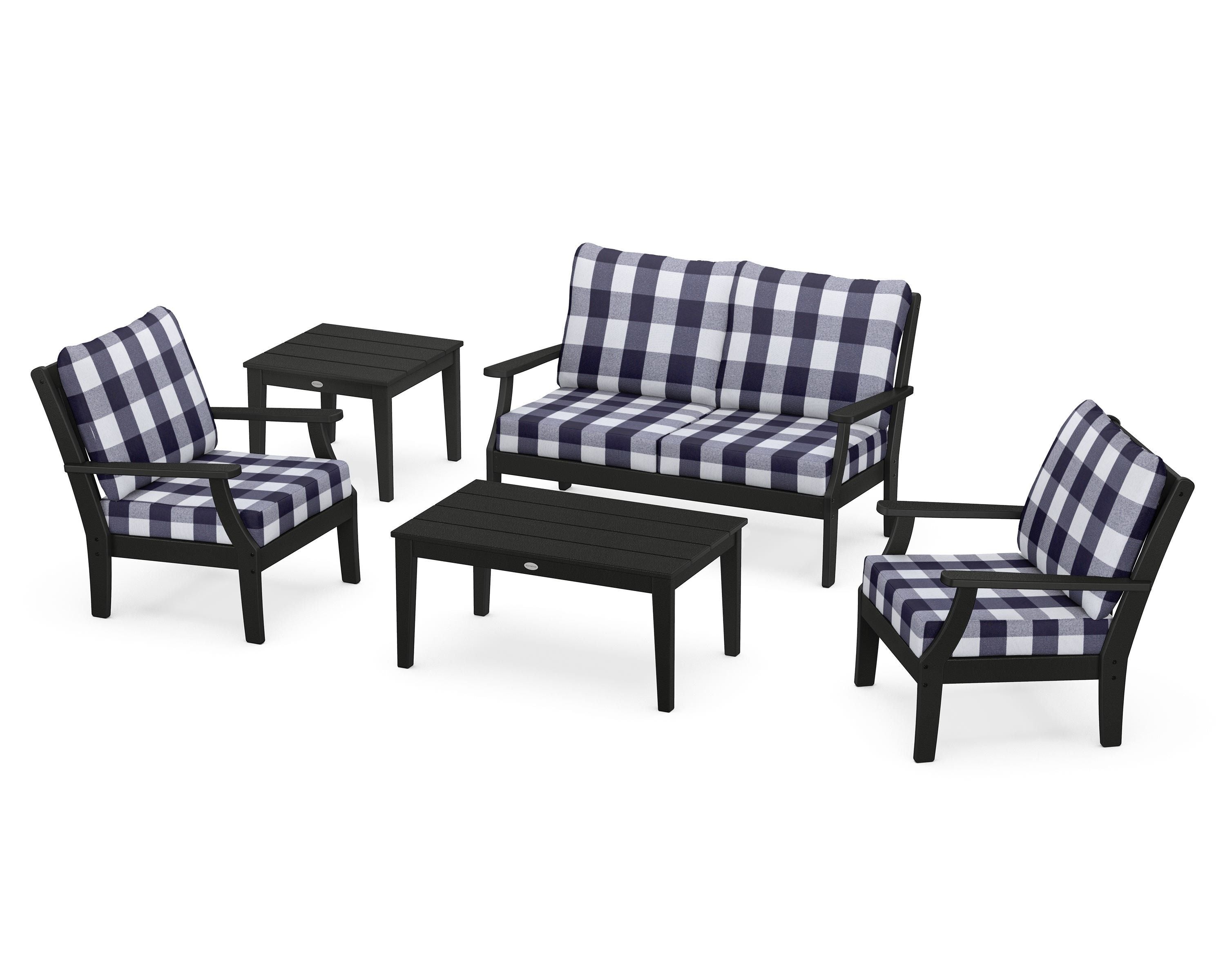 POLYWOOD® Braxton 5-Piece Deep Seating Set in Black / Buffalo Plaid Navy