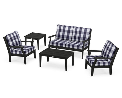 POLYWOOD® Braxton 5-Piece Deep Seating Set in Black / Buffalo Plaid Navy