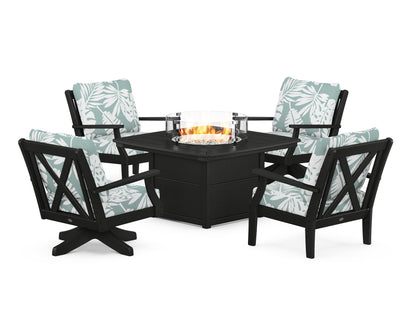 POLYWOOD® Braxton 5-Piece Deep Seating Set with Fire Table in Black / Leaf Glacier Spa