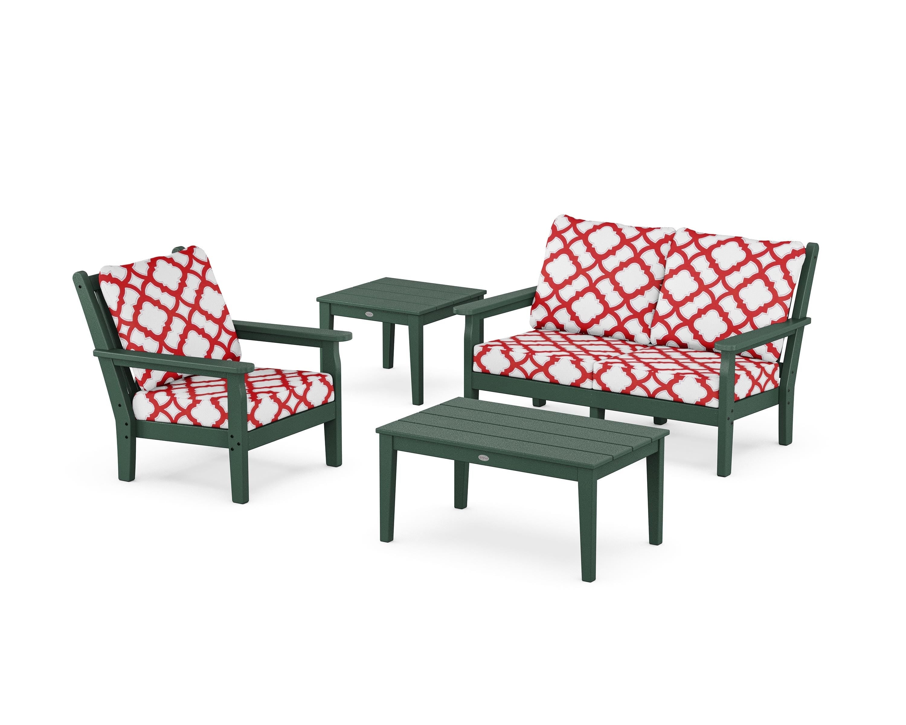 POLYWOOD® Chippendale 4-Piece Deep Seating Set in Green / Trellis Crimson