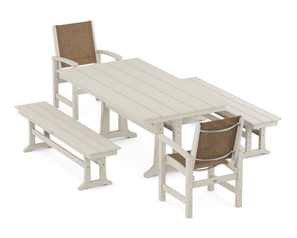 POLYWOOD® Coastal 5-Piece Farmhouse Dining Set with Trestle Legs and Benches in Sand / Burlap Sling
