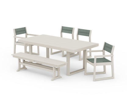 POLYWOOD® EDGE Sling 6-Piece Dining Set with Bench in Sand / Dupioni Sea Mist Sling