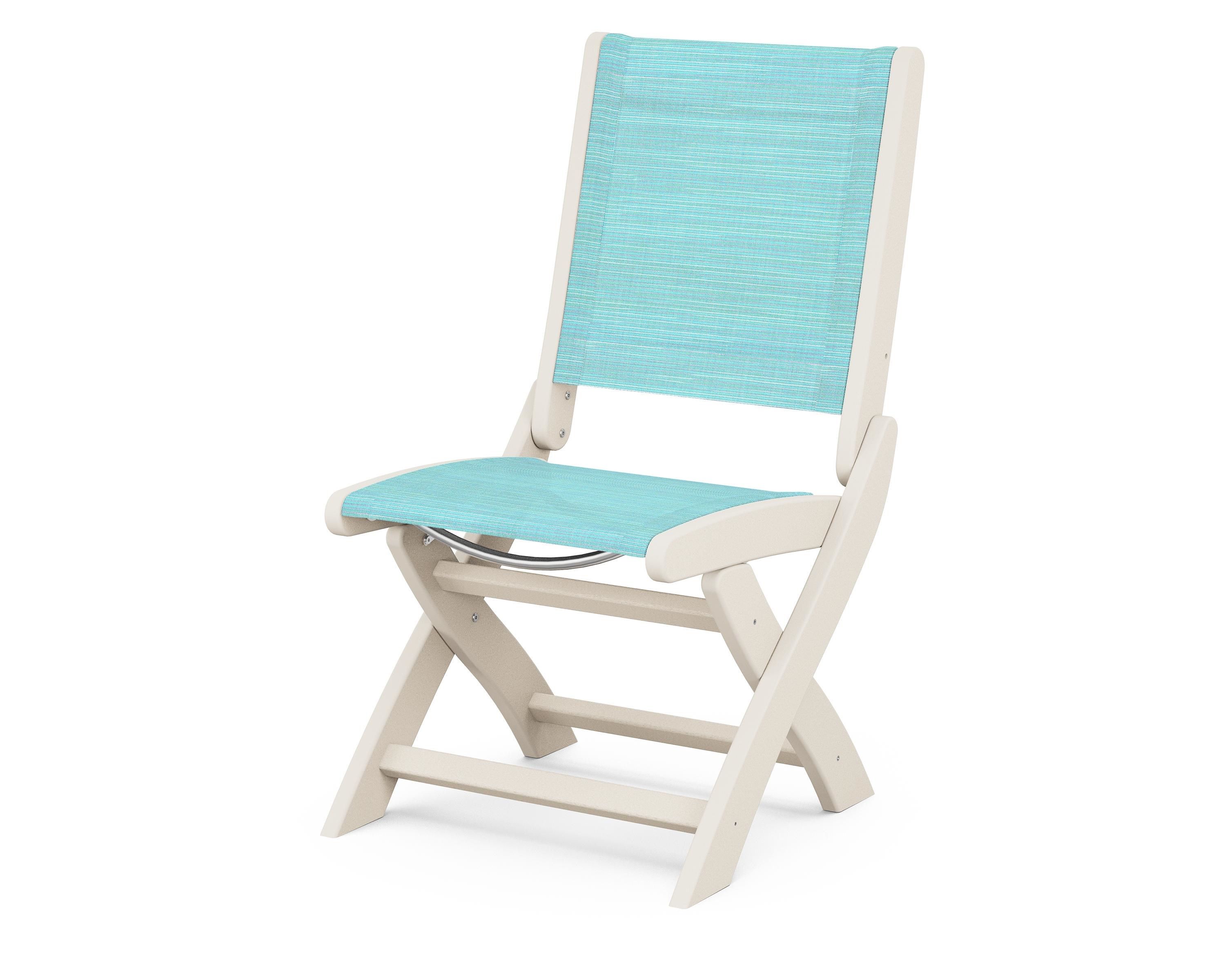 POLYWOOD® Coastal Folding Side Chair in Sand / Dupioni Aquamarine Sling