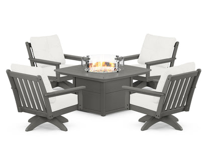 POLYWOOD® Vineyard 5-Piece Deep Seating Swivel Conversation Set with Fire Pit Table in Slate Grey / Natural Linen