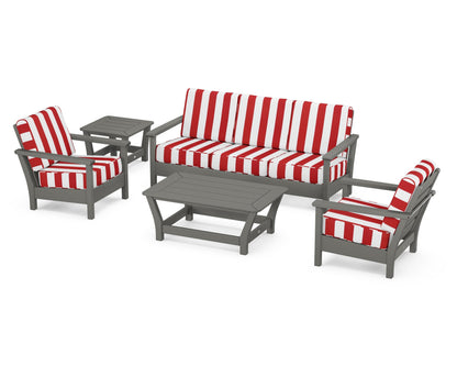 POLYWOOD® Harbour 5-Piece Deep Seating Set in Slate Grey / Cabana Stripe Crimson