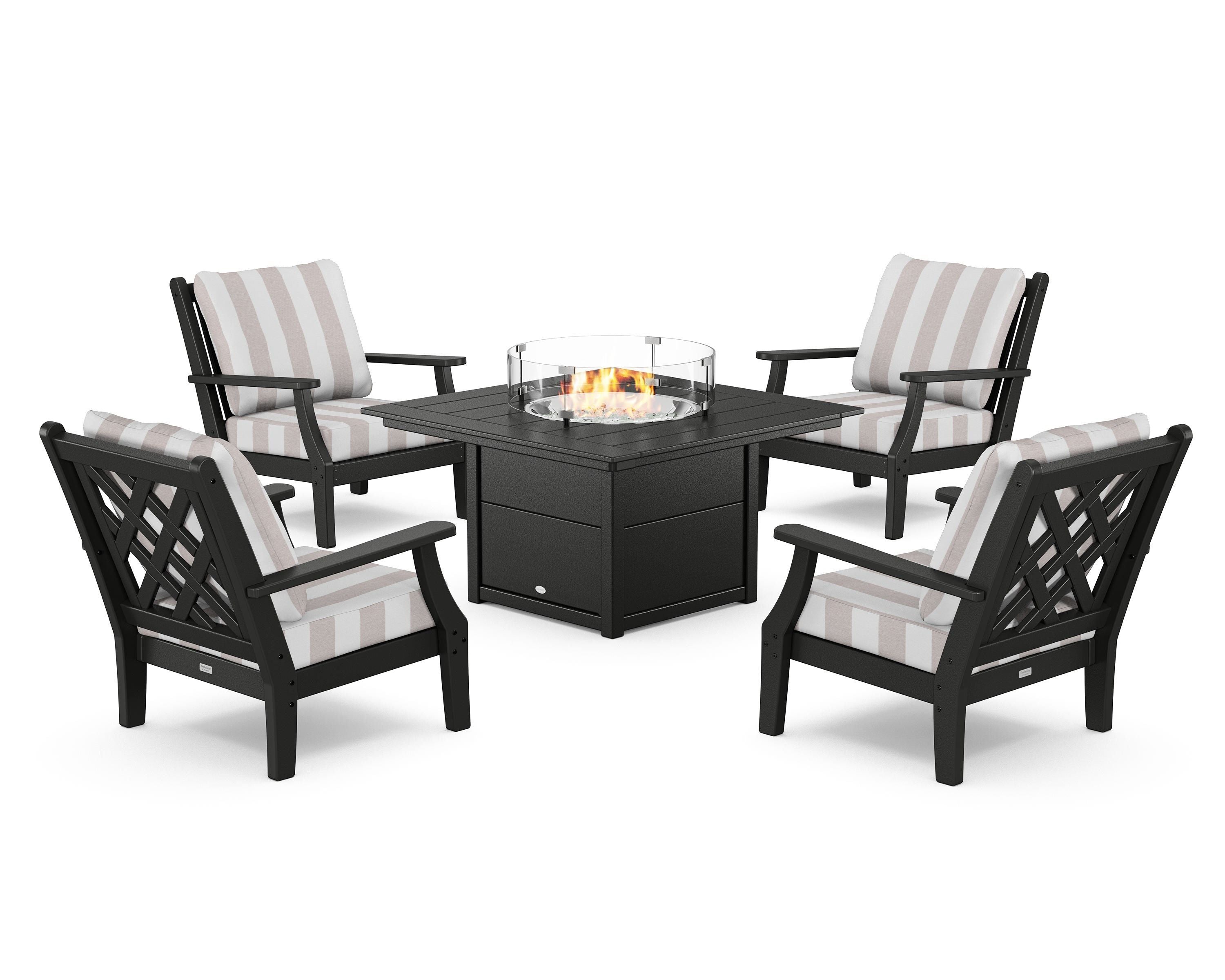 Country Living Wovendale 5-Piece Deep Seating Set with Fire Pit Table in Black / Cabana Stripe Dune Burlap
