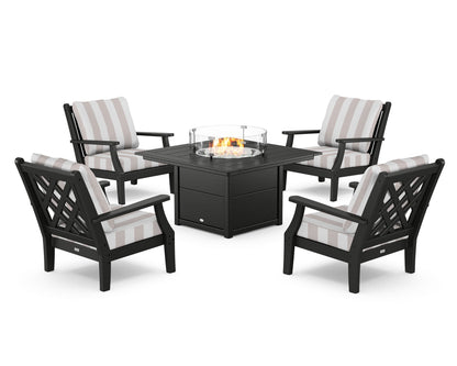 Country Living Wovendale 5-Piece Deep Seating Set with Fire Pit Table in Black / Cabana Stripe Dune Burlap