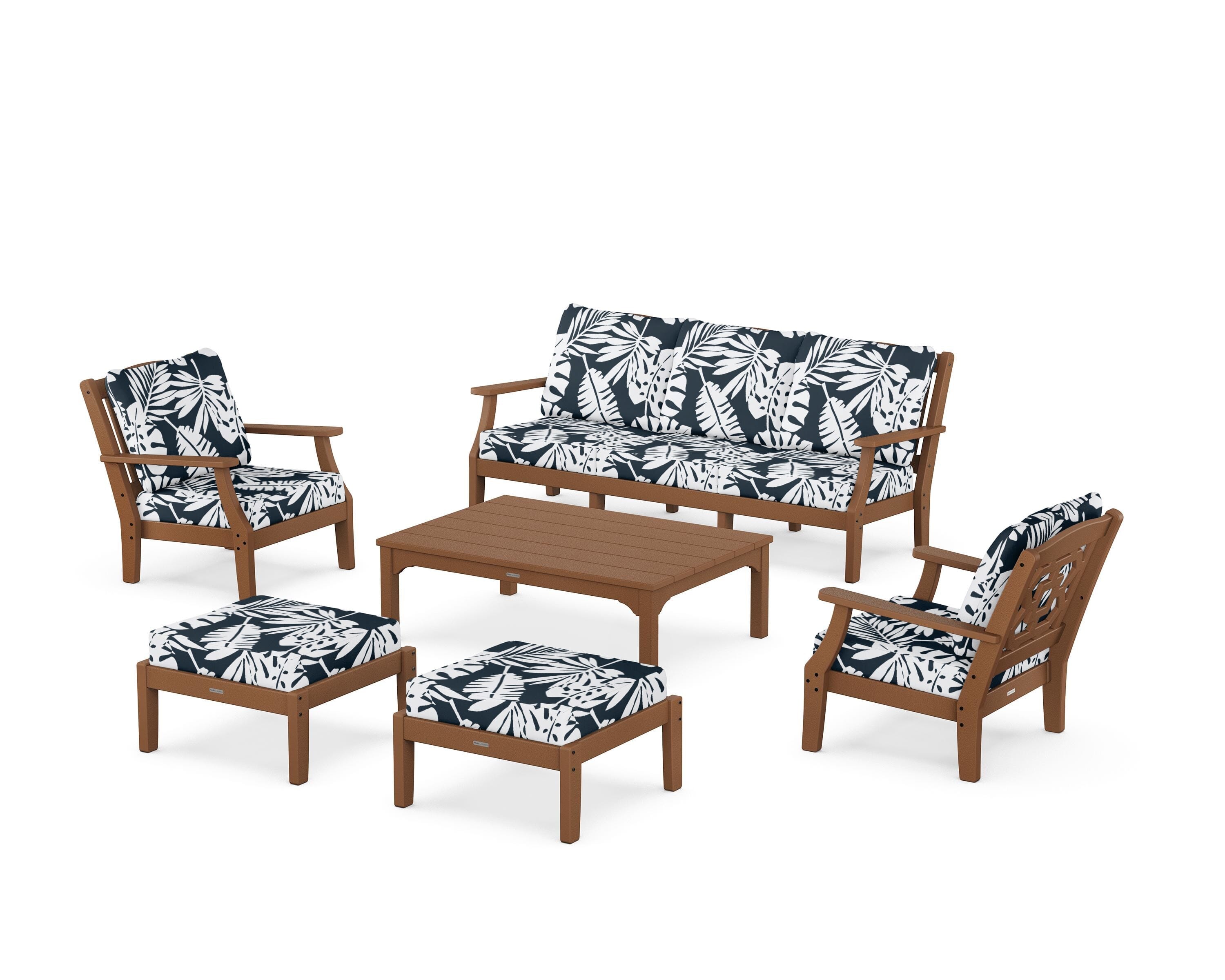 Martha Stewart by POLYWOOD® Chinoiserie 6-Piece Lounge Sofa Set in Teak / Leaf Marine Indigo