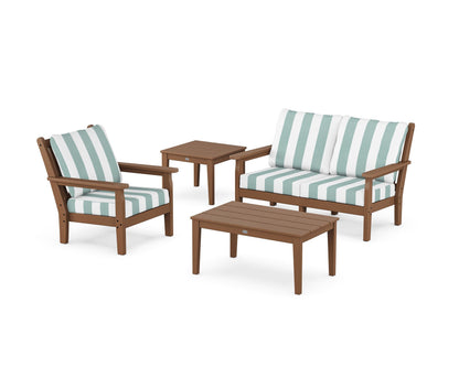 POLYWOOD® Chippendale 4-Piece Deep Seating Set in Teak / Cabana Stripe Glacier Spa