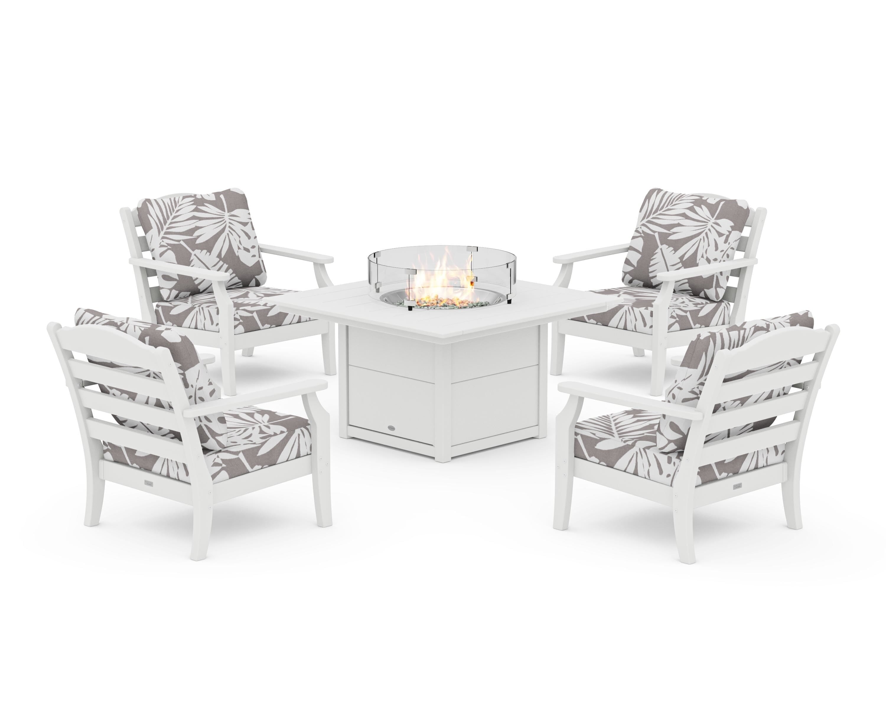 Draper James™ by  POLYWOOD® Savannah 5-Piece Deep Seating Set with Fire Pit Table in White / Leaf Grey Mist