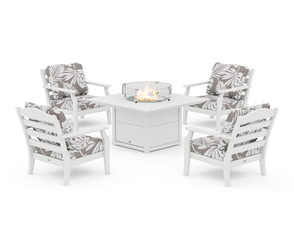 Draper James™ by  POLYWOOD® Savannah 5-Piece Deep Seating Set with Fire Pit Table in White / Leaf Grey Mist