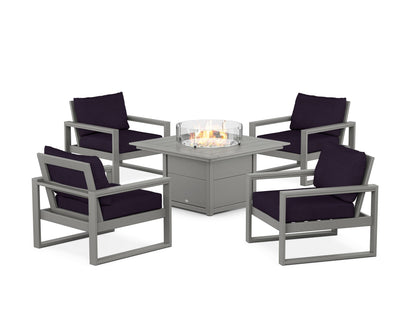 POLYWOOD® EDGE Sectional 5-Piece Deep Seating Set with Fire Pit Table in Slate Grey / Navy Linen