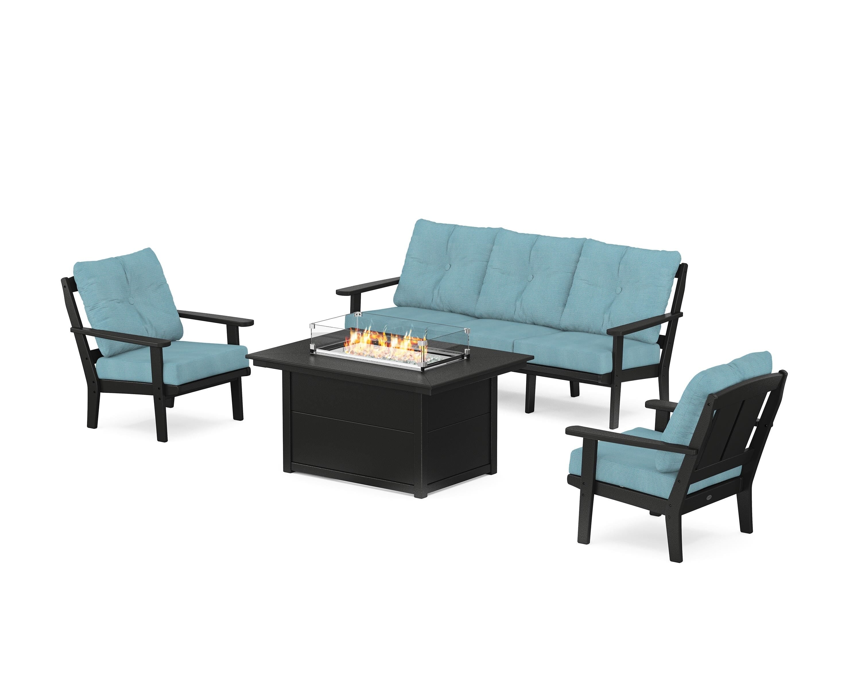 POLYWOOD® Mission Deep Seating Fire Pit Table Set in Black / Lattice Sky Blue
