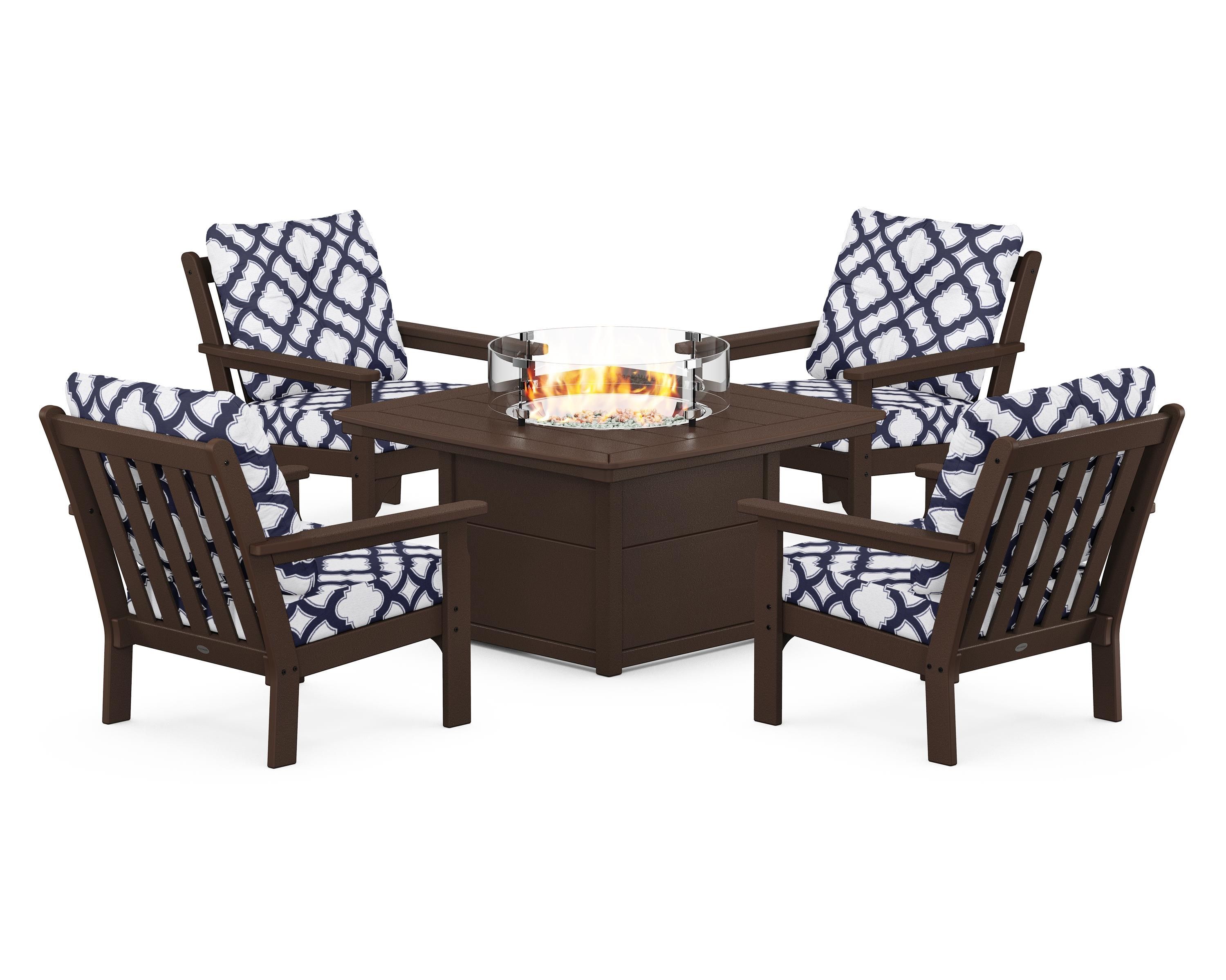 POLYWOOD® Vineyard 5-Piece Conversation Set with Fire Pit Table in Mahogany / Trellis Navy
