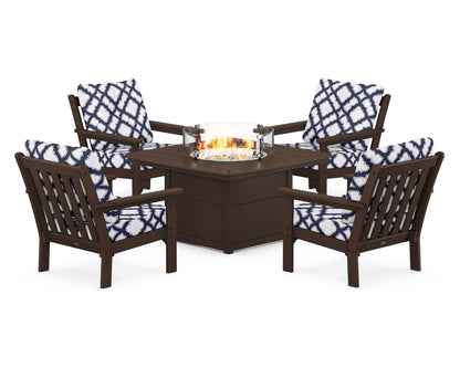 POLYWOOD® Vineyard 5-Piece Conversation Set with Fire Pit Table in Mahogany / Trellis Navy