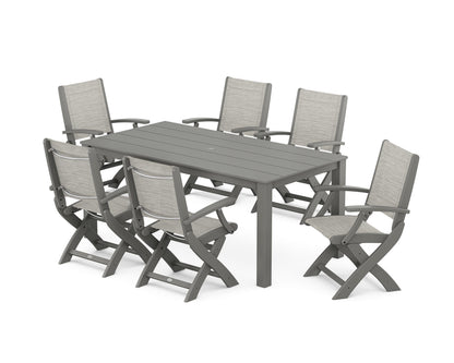 POLYWOOD® Coastal Folding Chair 7-Piece Parsons Dining Set in Slate Grey / Birch Sling