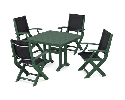 POLYWOOD® Coastal Folding Chair 5-Piece Dining Set with Trestle Legs in Green / Black Sling