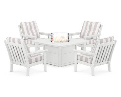 POLYWOOD® Vineyard 5-Piece Conversation Set with Fire Pit Table in White / Cabana Stripe Dune Burlap