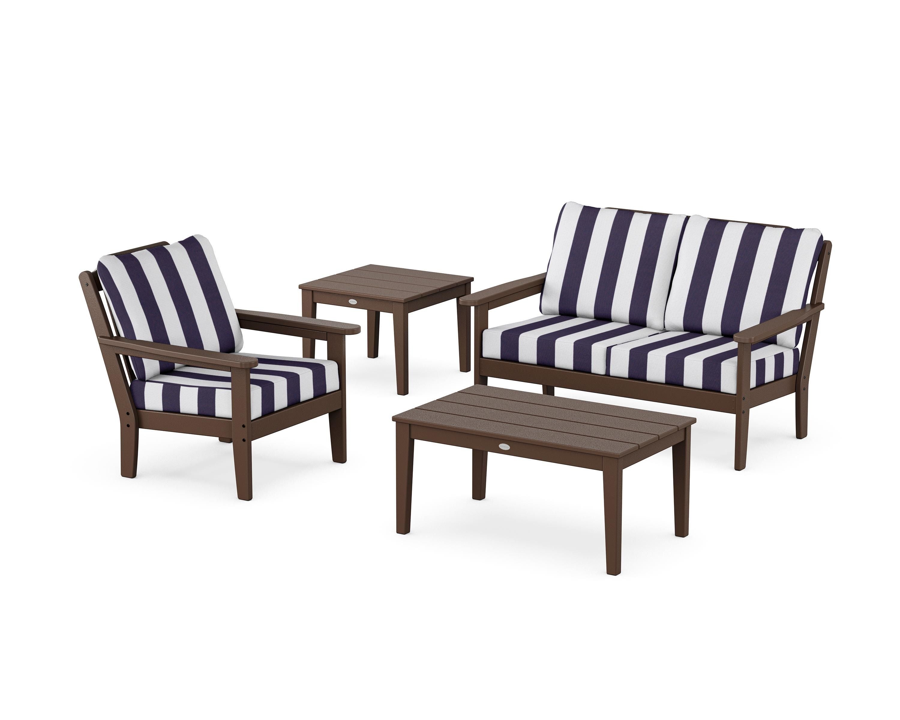 Country Living Wovendale 4-Piece Deep Seating Set in Mahogany / Cabana Stripe Navy