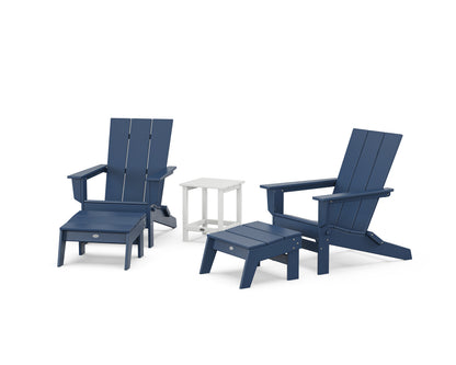 POLYWOOD® 5-Piece Modern Studio Folding Adirondack Set with Ottomans and Side Table  in Navy / White