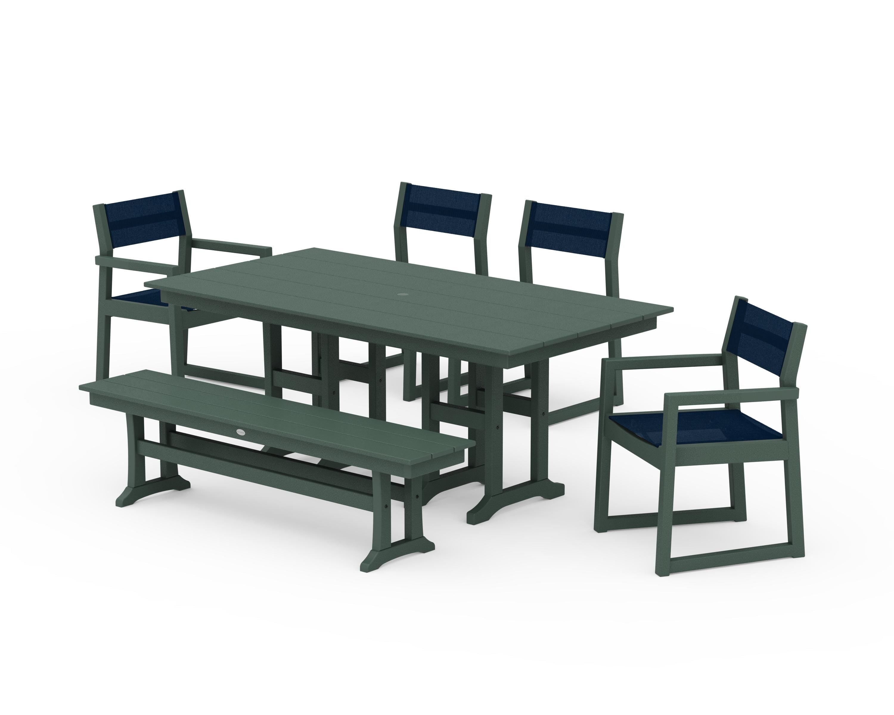 POLYWOOD® EDGE Sling 6-Piece Farmhouse Dining Set in Green / Navy Blue Sling