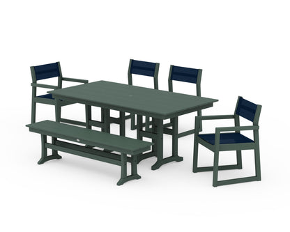 POLYWOOD® EDGE Sling 6-Piece Farmhouse Dining Set in Green / Navy Blue Sling