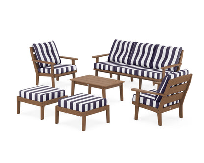 POLYWOOD® Lakeside 6-Piece Lounge Sofa Set in Teak / Cabana Stripe Navy