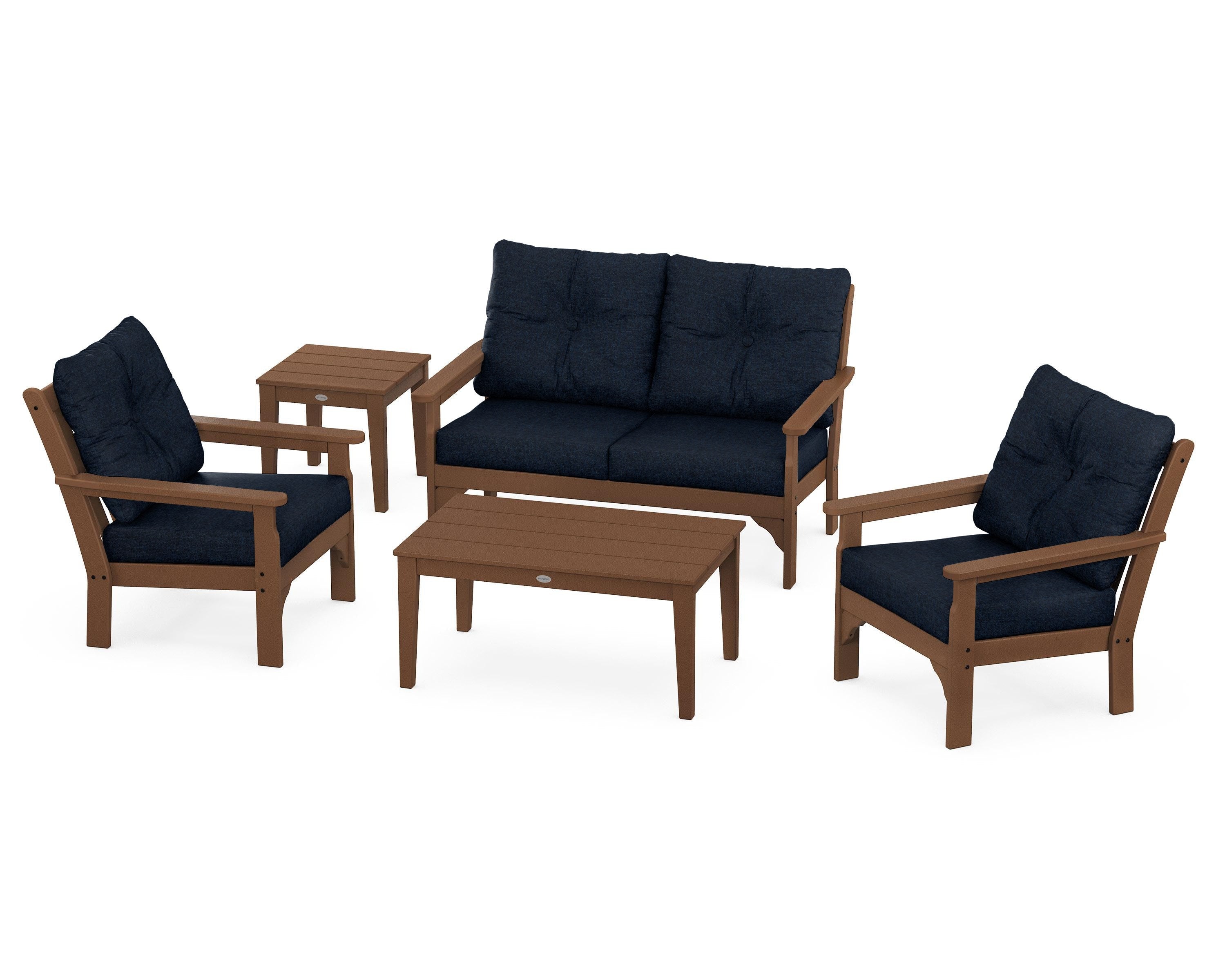 POLYWOOD® Vineyard 5-Piece Deep Seating Set in Teak / Marine Indigo