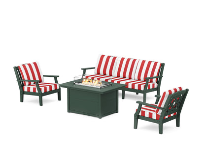 Martha Stewart by POLYWOOD® Chinoiserie Deep Seating Fire Pit Table Set in Green / Cabana Stripe Crimson