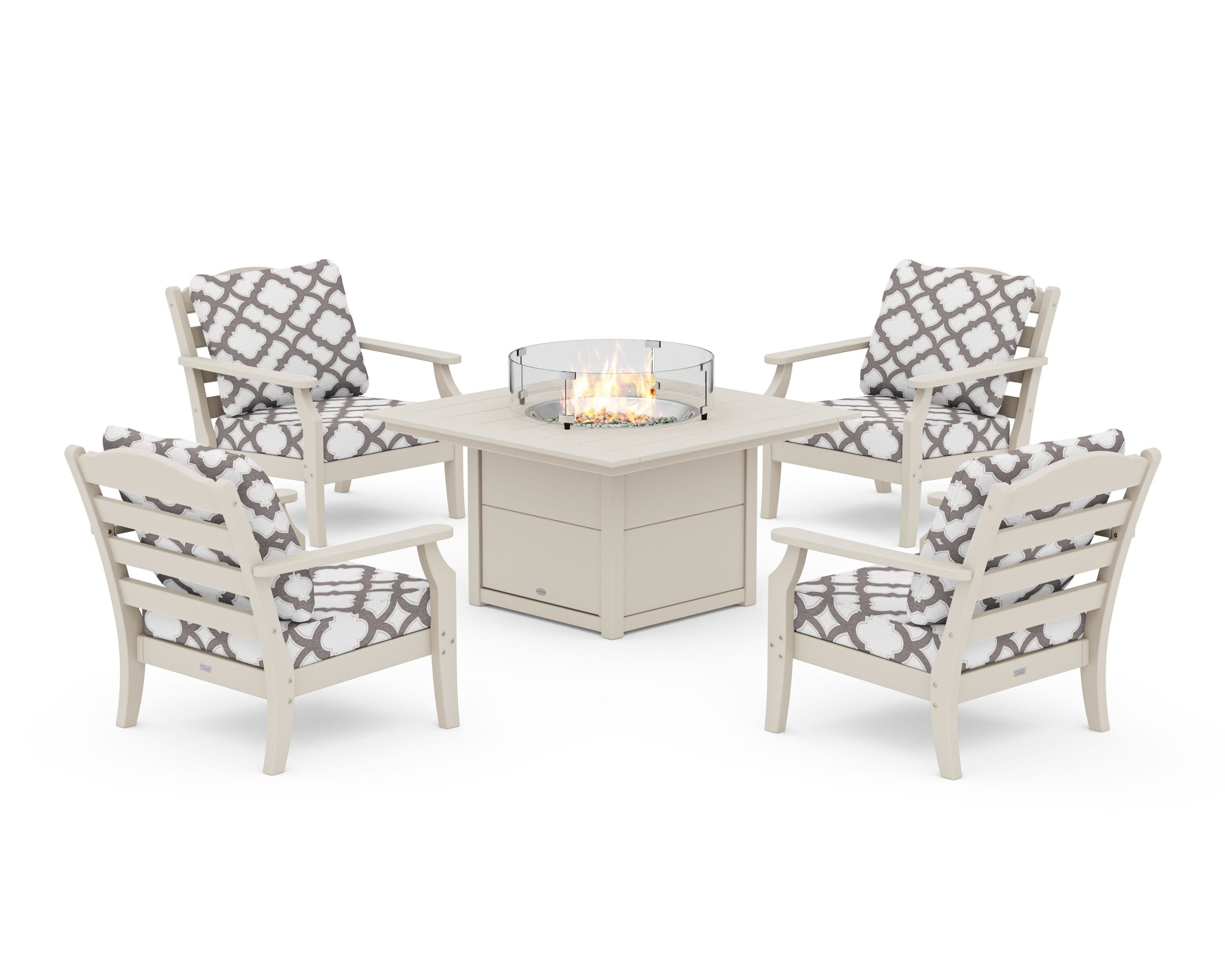 Draper James™ by  POLYWOOD® Savannah 5-Piece Deep Seating Set with Fire Pit Table in Sand / Trellis Grey Mist