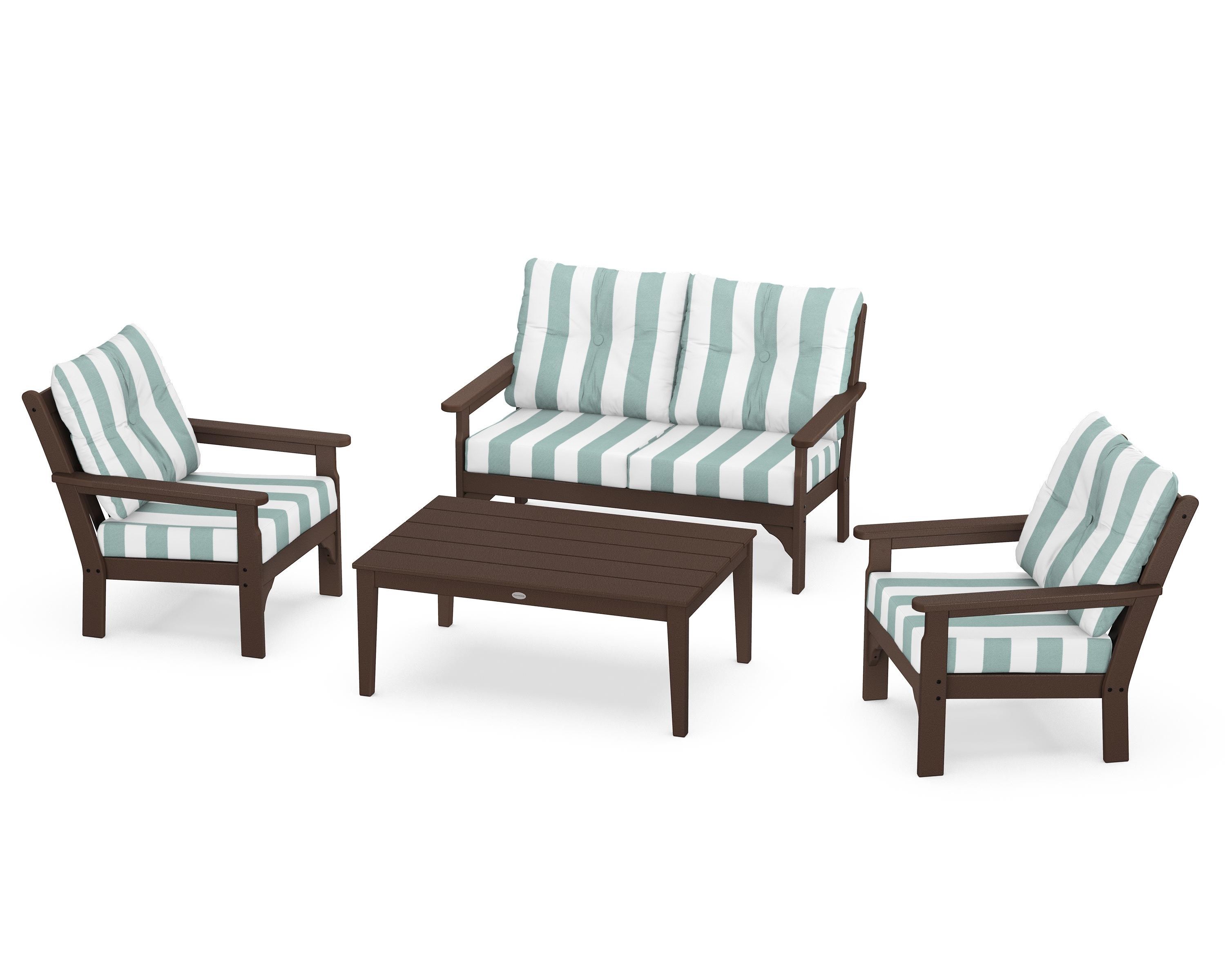 POLYWOOD® Vineyard 4-Piece Deep Seating Set in Mahogany / Cabana Stripe Glacier Spa